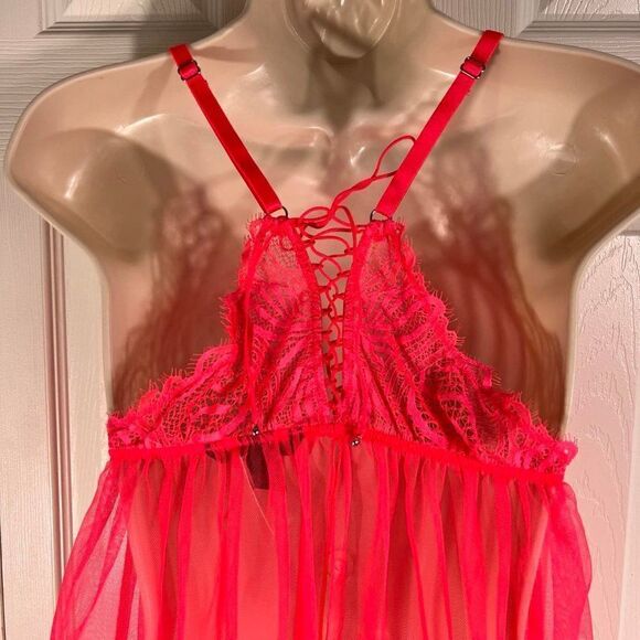 Victoria's Secret 2-Pc Neon Pink Sheer/Lace/Lace Up Babydoll Size Lg NWT - Picture 6 of 13